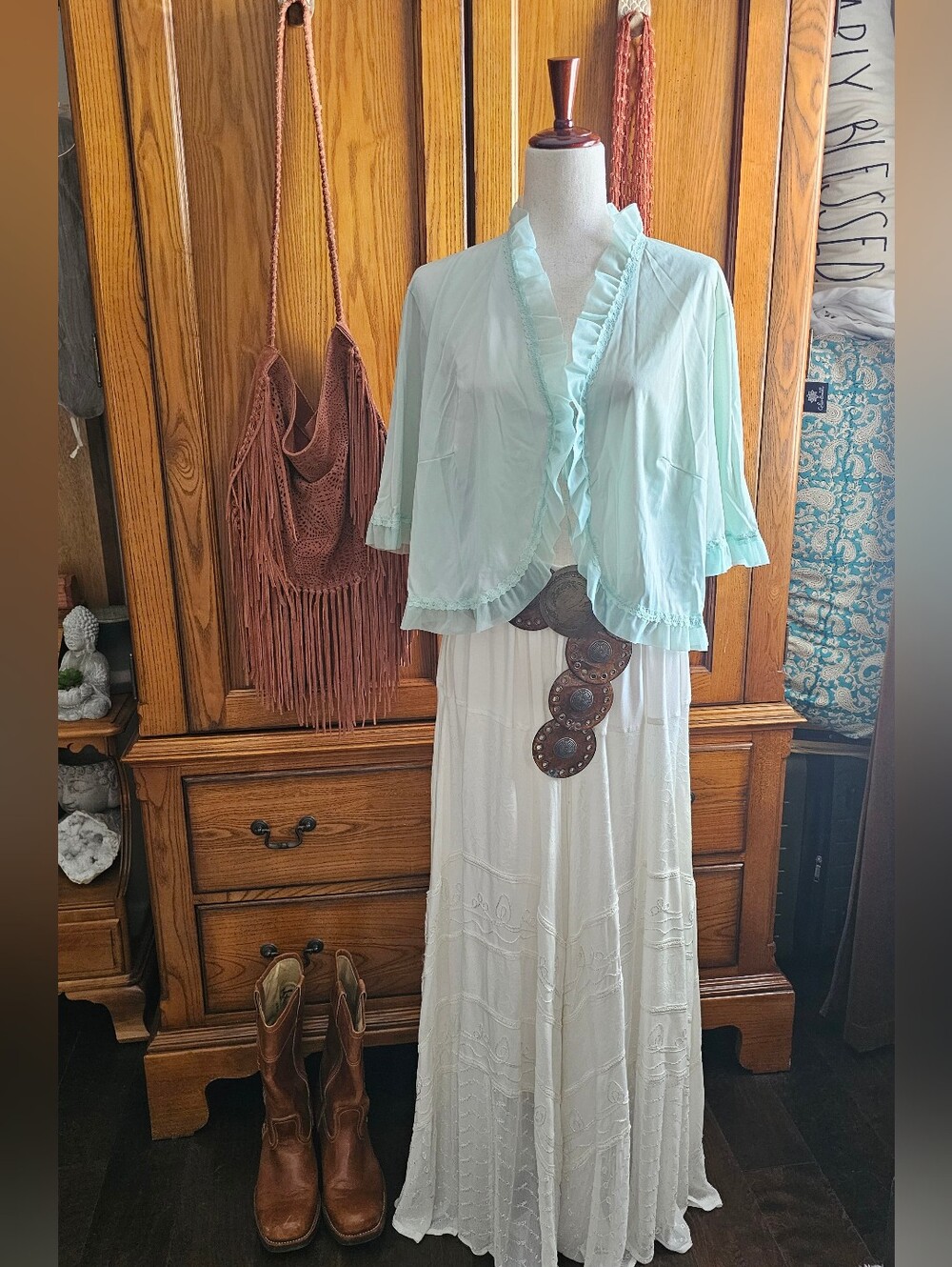 Vintage 70s Mint Green Ruffle Bed Jacket Sheer Nylon Peignoir Brand Unspecified